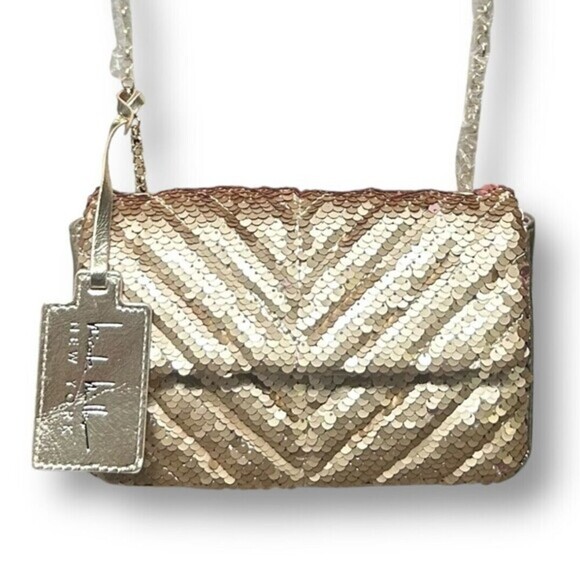 Nicole Miller Gold Sequin Chevron Crossbody Bag Chain Strap Purse NWT - Picture 1 of 12